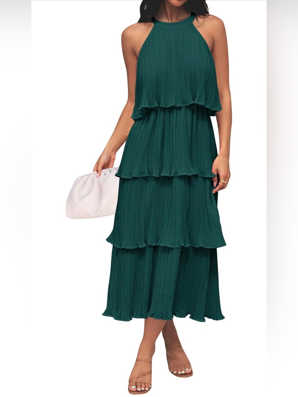 Halter Tiered Pleated Maxi Dress in Teal Green